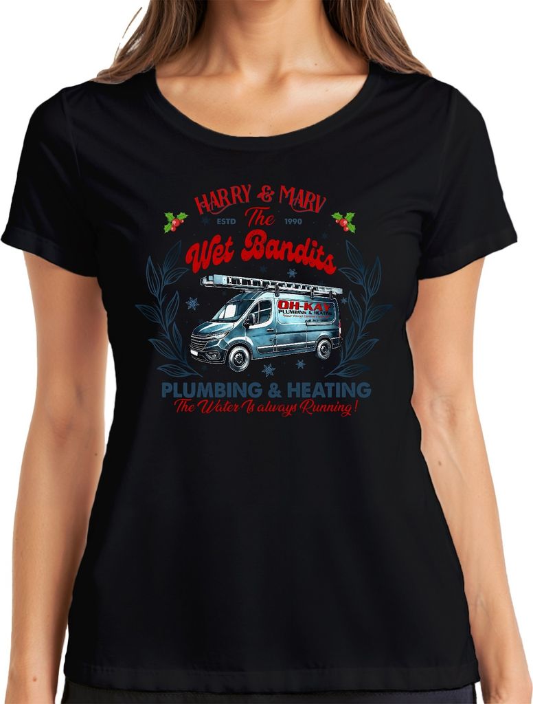 Harry & Marv Wet Bandits Plumbing Heating - Weihnachten Christmas Xmas Damen T-Shirt, Schwarz, XXL