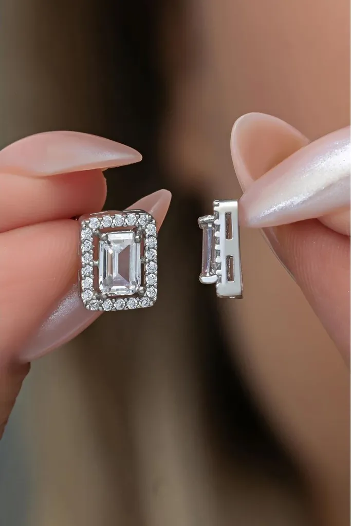 Boucles d'oreilles argent 925 anti-allergie zircon rectangulaire
