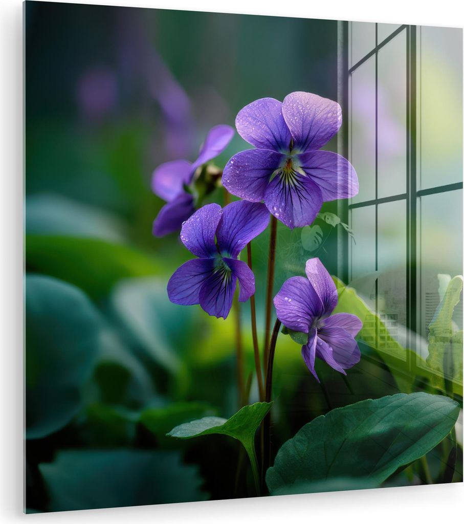 MuchoWow Glasbilder - Bilder auf Wandbild - Foto auf Glas Veilchen - Lila - Blume - Blatt 40x40 cm Wanddekoration aus Glas - Acrylglasbild - Acrylb...