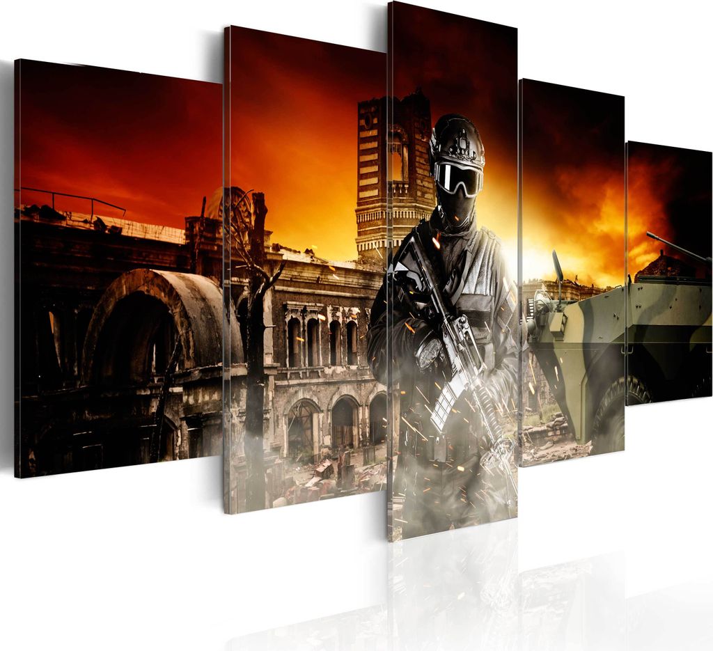 Leinwandbilder Soldat 200x100 cm Vlies Leinwandbild 5 tlg Kunstdruck modern Wandbilder XXL Wanddekoration Design Wand Bild - Krieg Kampf Panzer h-A...