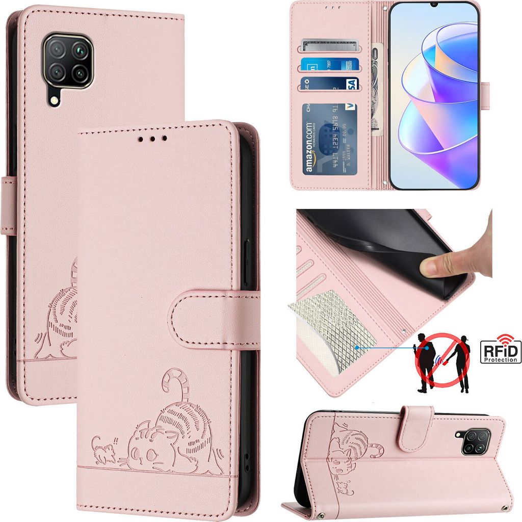 Leder Hülle für Huawei P40 Lite 4G/Nova 6SE Süße Katze Flip Case Brieftasche Schutzhülle mit Standfunktion Pink