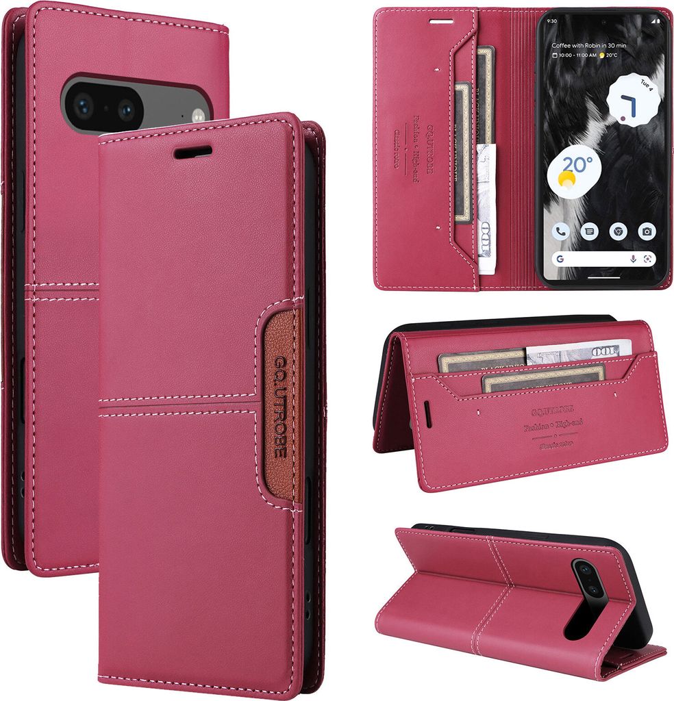 Handyhülle für Google Pixel 7 Hülle, Leder Flip Wallet Kartenfach Stand Schutzhülle Rot