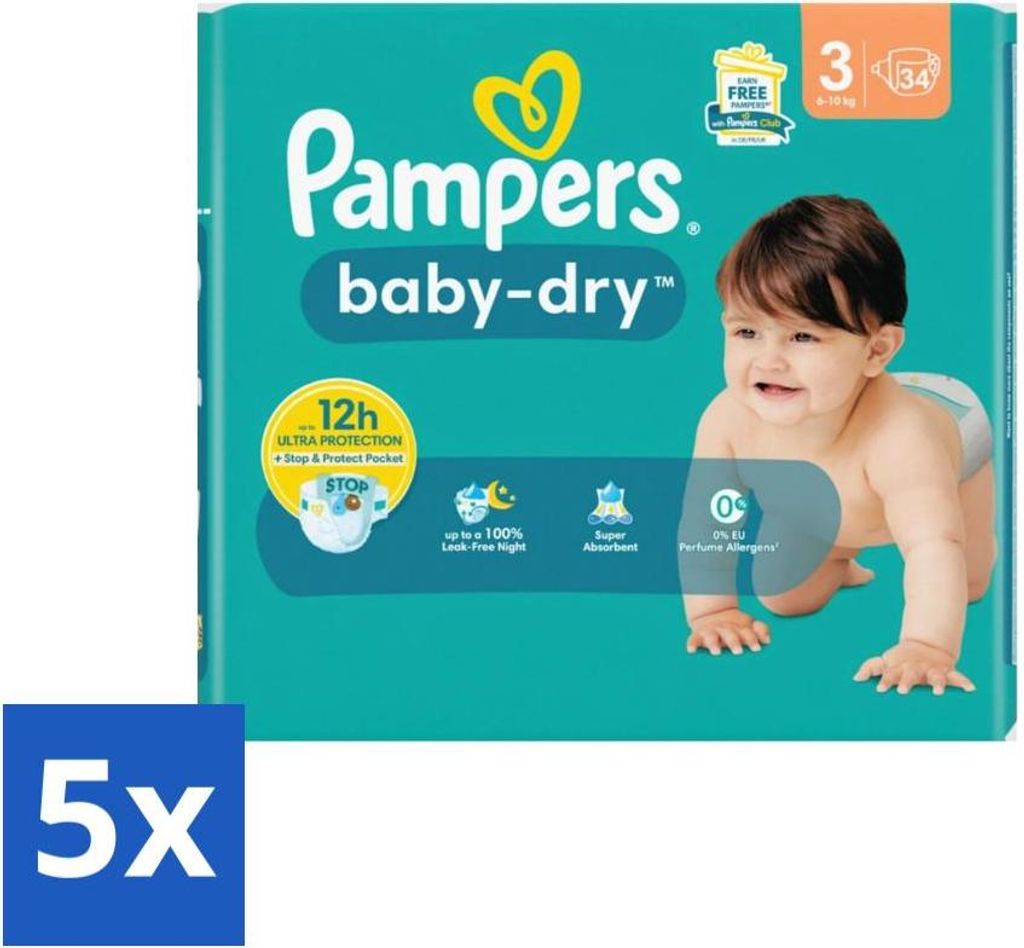 Pampers – Windeln – Baby-Dry Größe 3 (6-10 kg) – 34 Windeln - Vorteilspack - 5 Stücke