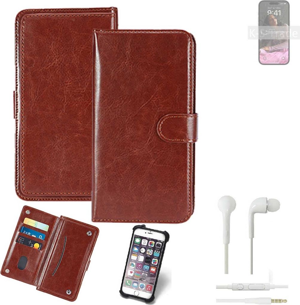 K-S-Trade 360° Hülle kompatibel mit Apple iPhone 14 Pro Max inkl. Headphones braun Kunstleder Case BookCase WalletCase Kunstlederederhülle