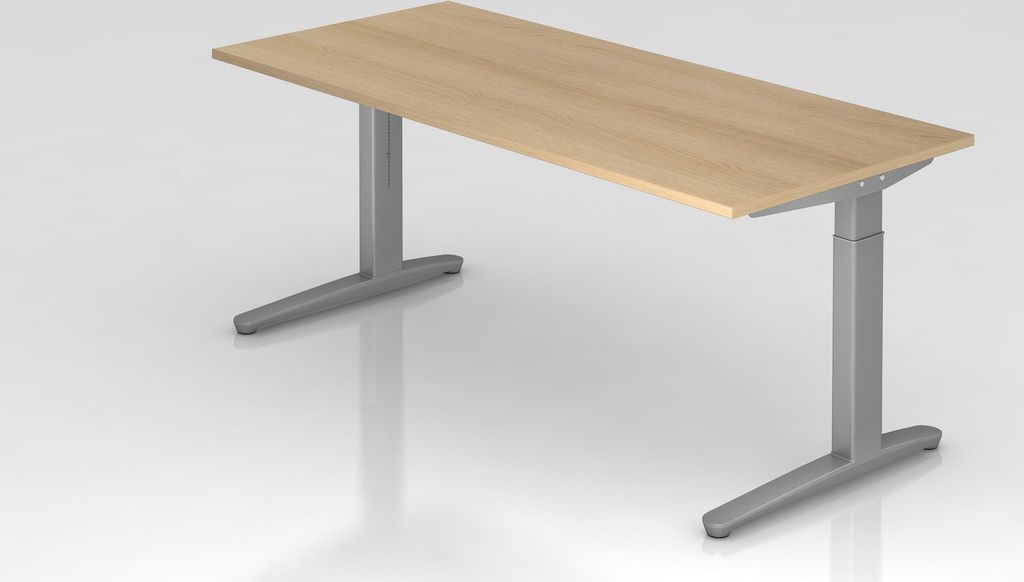 Schreibtisch Mika | Eiche | Silber Gestell | BxT 180x80cm | Arbeitshöhe 65-85cm | höhenjustierbar, 1cm Raster | C-Fuß-Gestell | Rechteckform
