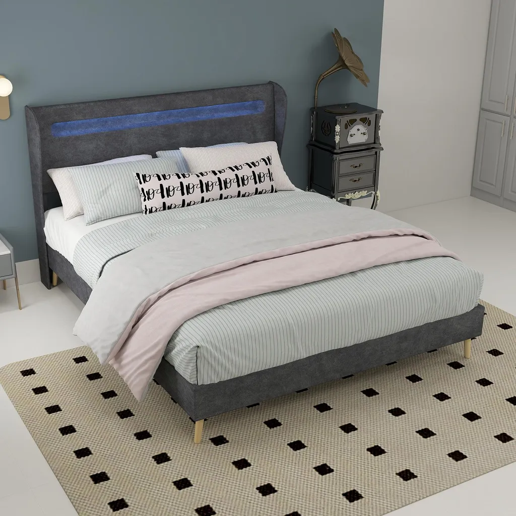 Cadre de lit double 140x200 cm en tissu gris avec sommier et LED design