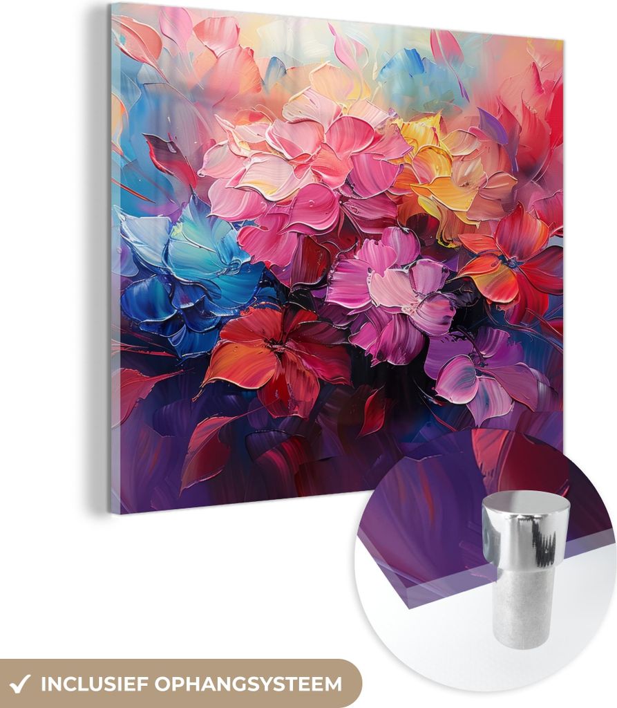 MuchoWow Glasbilder - Bilder auf Wandbild - Foto auf Glas Blumen - Malerei - Abstrakt - Farbenfroh 40x40 cm Wanddekoration aus Glas - Acrylglasbild...