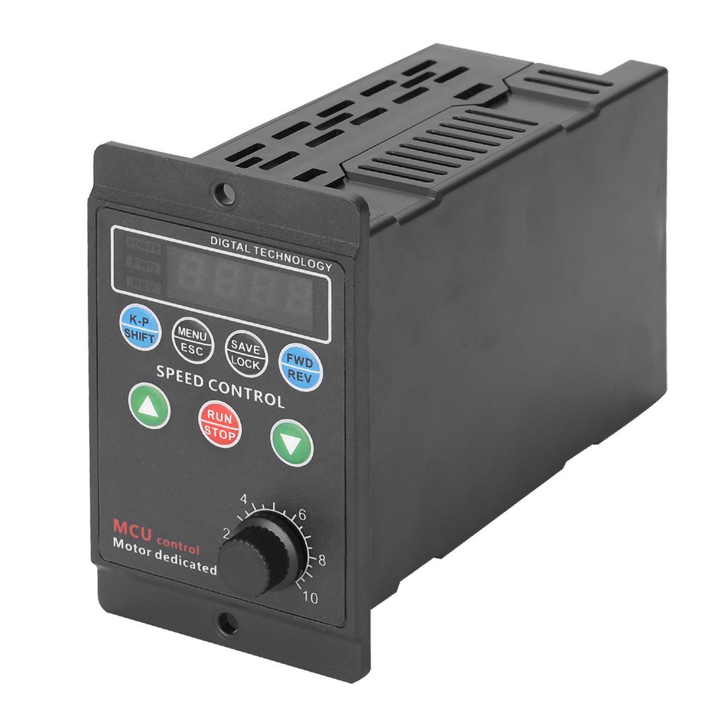 A black motor driver frequency converter with a digital display and control buttons.
