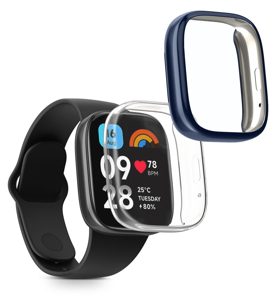 kwmobile 2x Silikon Hülle für Xiaomi Redmi Watch 3 Active Schutzhülle - Fullbody Display Cover Set aus Silikon - Transparent Dunkelblau