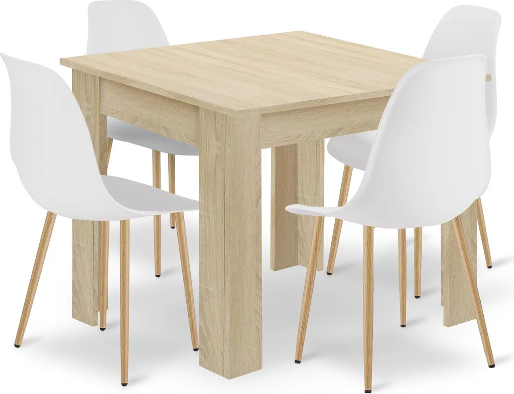 Table de cuisine 80x80 cm chêne sonoma et 4 chaises blanches scandinaves