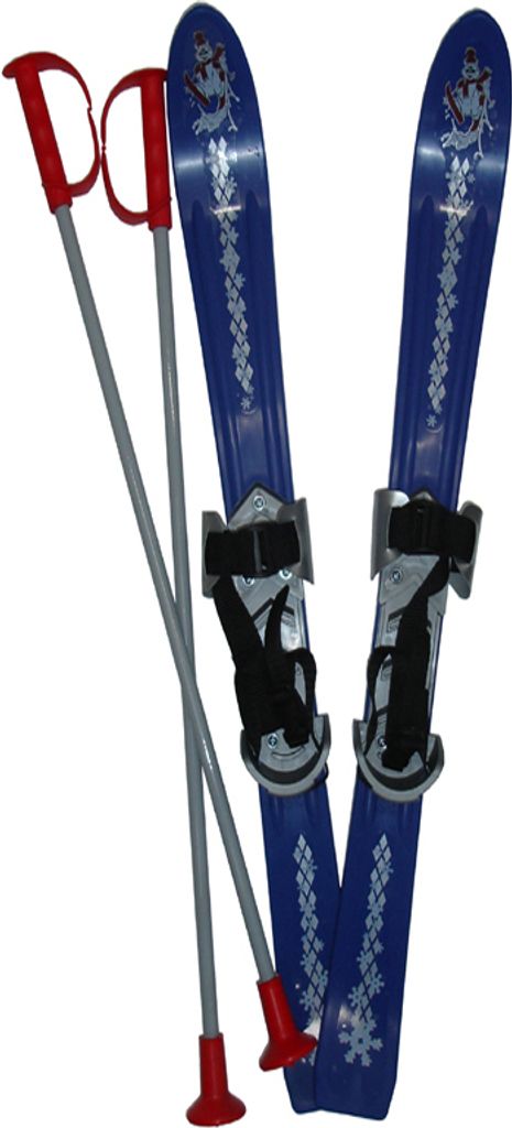 A pair of blue children's skis and two ski poles are displayed against a white background.
