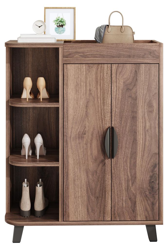 Schuhschrank - Holzoptik - Doppeltür und offene Fächer - Schmale platzsparende Bauweise - Oberes Ablagefach