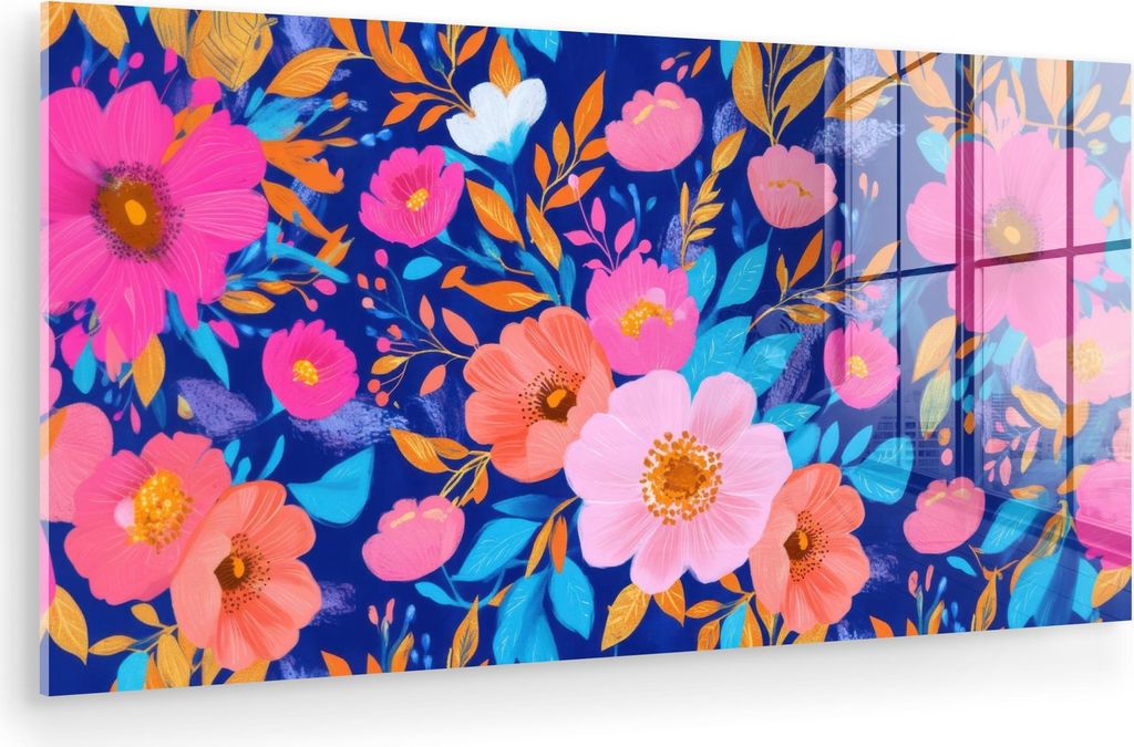 MuchoWow Glasbilder - Bilder auf Wandbild - Foto auf Glas Blumen - Blau - Rosa 80x40 cm Wanddekoration aus Glas - Acrylglasbild - Acrylbilder - Wan...