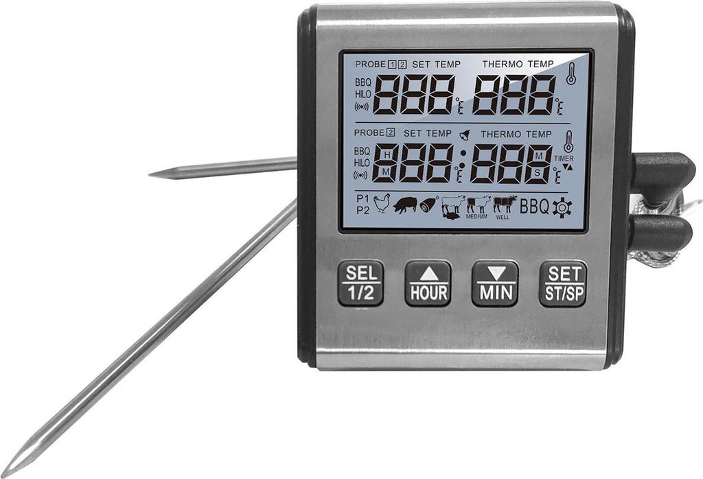 Digitales Fleischthermometer, Doppel-Sonden BBQ Thermometer, Temperatur -10–300°C, LCD mit Backlight, Alarm, Timer, Geschenk für Hobbyköche & ...