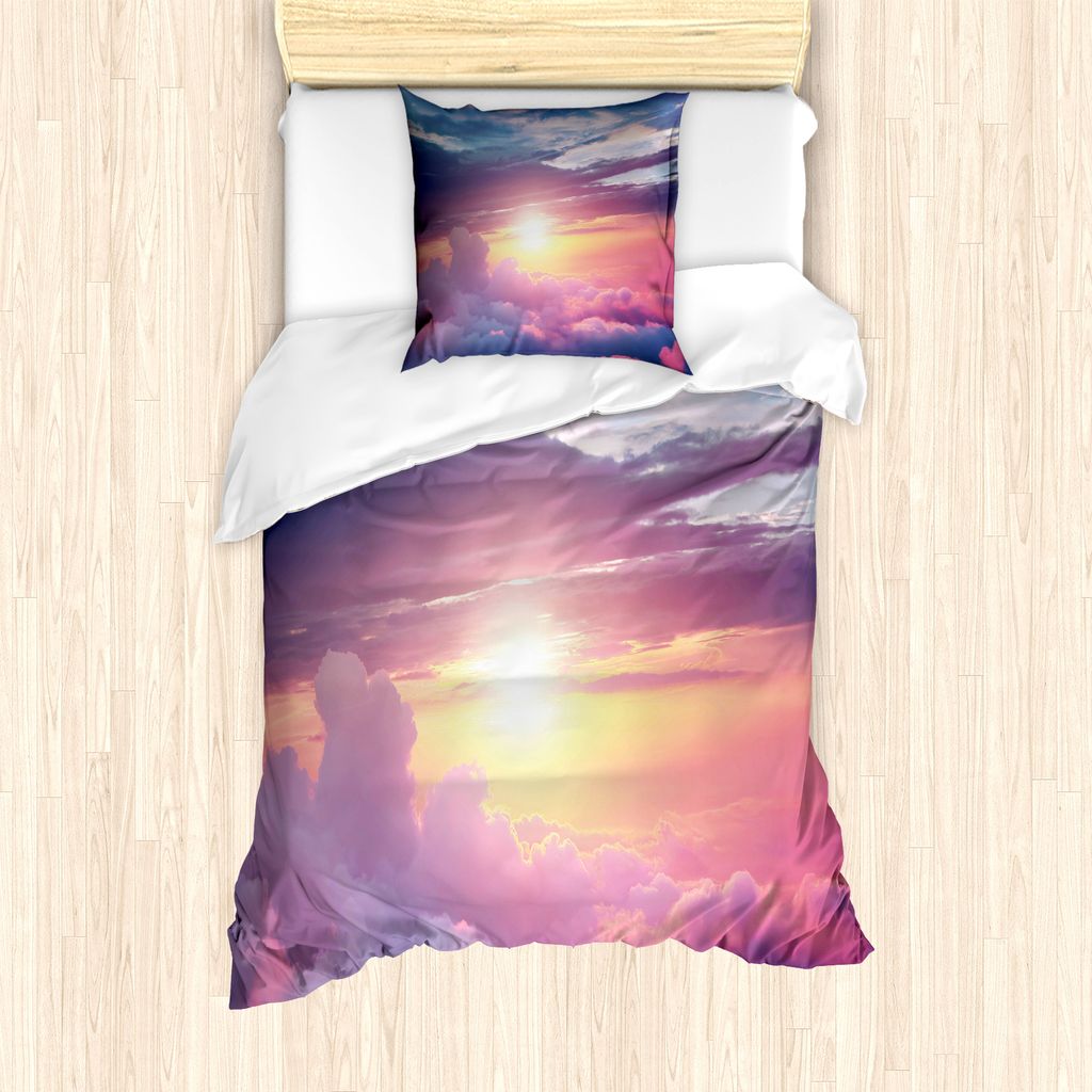 ABAKUHAUS Sonne Bettbezug Set für Einzelbetten, Surreal Himmel Fluffy Clouds, Milbensicher Allergiker geeignet mit Kissenbezug, 135 cm x 200 cm - ...