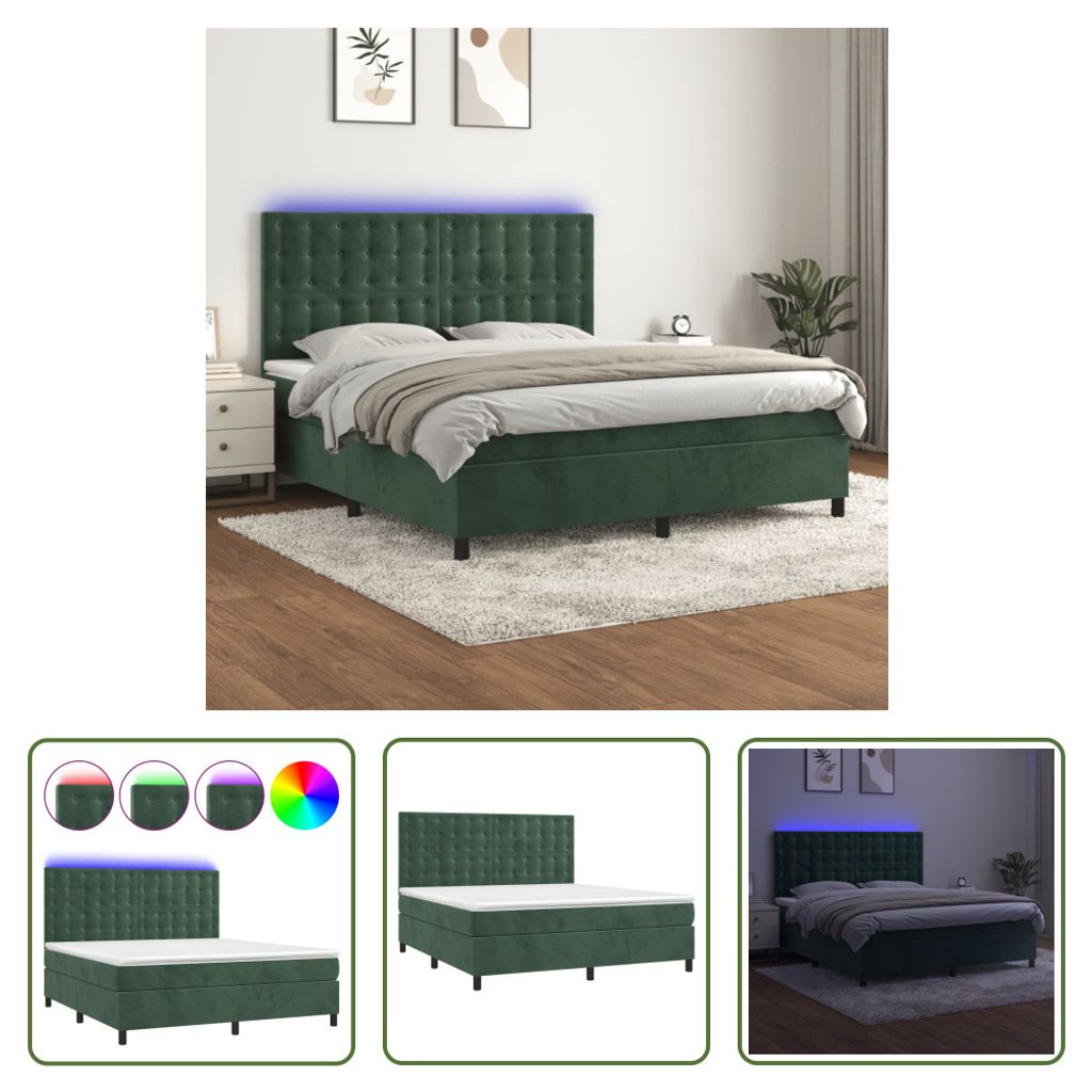 The Living Store Boxspringbett mit Matratze & LED Dunkelgrün 160x200 cm Samt