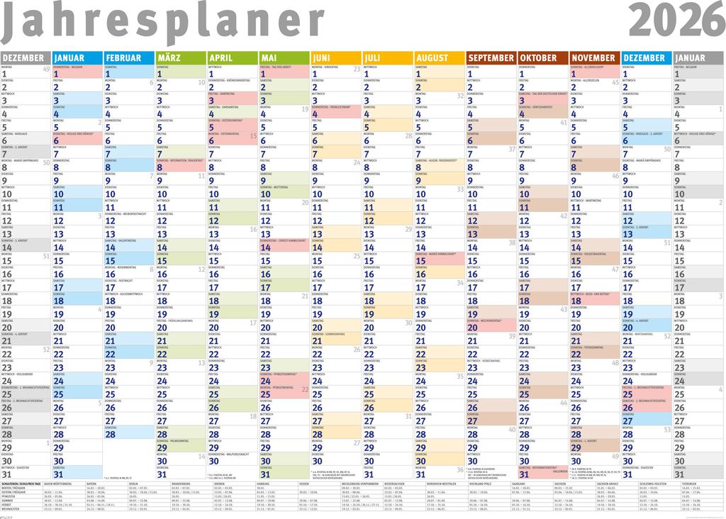 Jahresplaner 2026 - Wandplaner Kalender - Giant XXL Poster - Grösse 140x100 cm