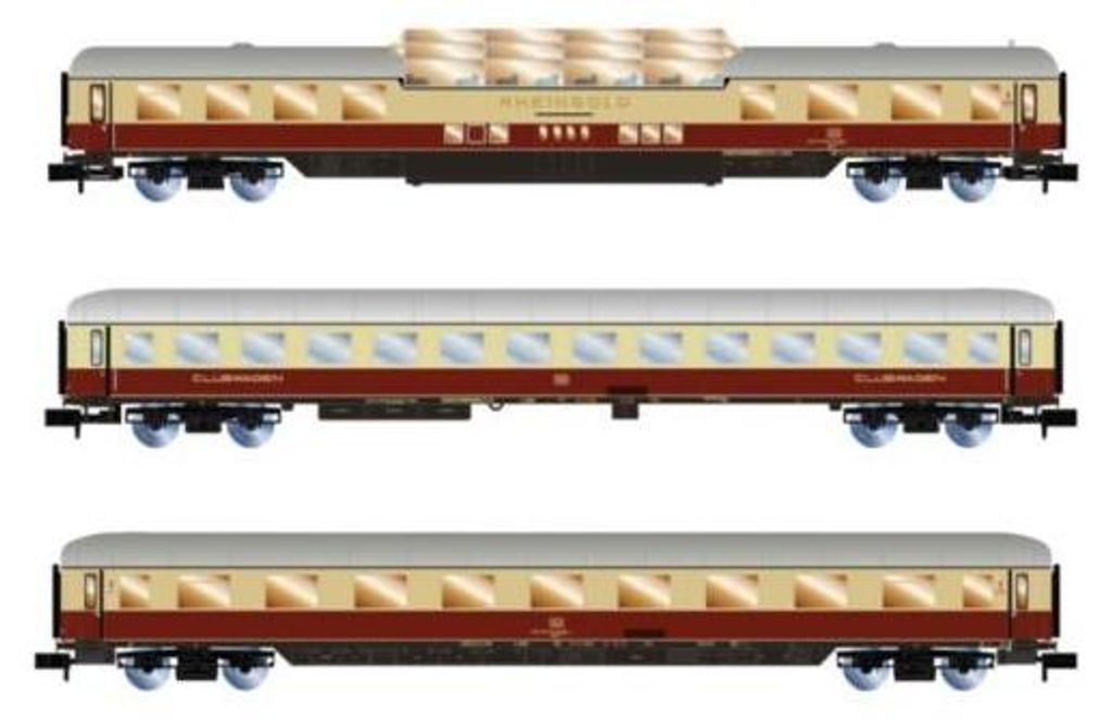 Arnold 3-tlg. Set Rheingold, 1 x Aussichtswagen ARDm + 1 x Clubwagen WGmh + 1 x
