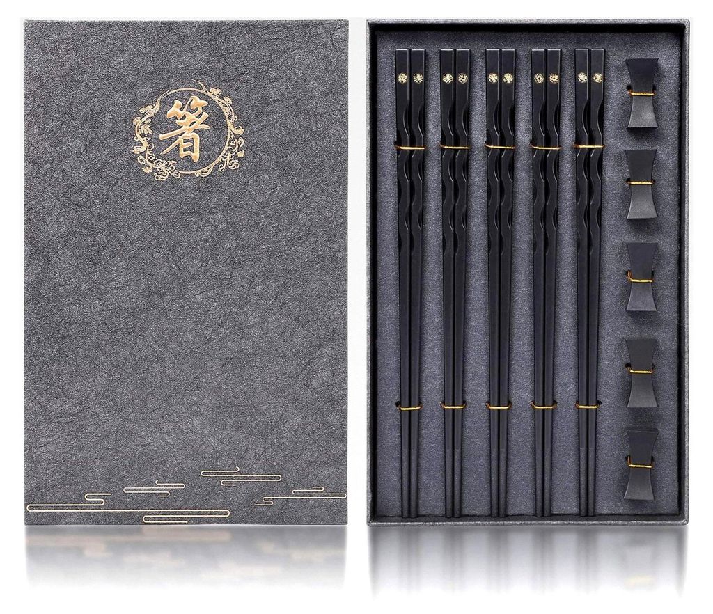 Wiederverwendbare chinesische Essstäbchen aus Legierung mit Ständer, spülmaschinenfest, Essstäbchen-Set (5 Paar)