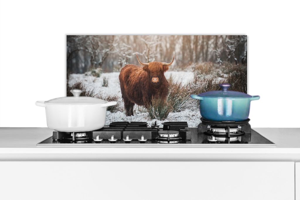KitchenYeah Spritzschutz Küche - Küchenrückwand - Wandschutz für Herd und Spüle - Schottisches Hochlandrind - Schnee - Wald 60x30 - Alu-Dib...