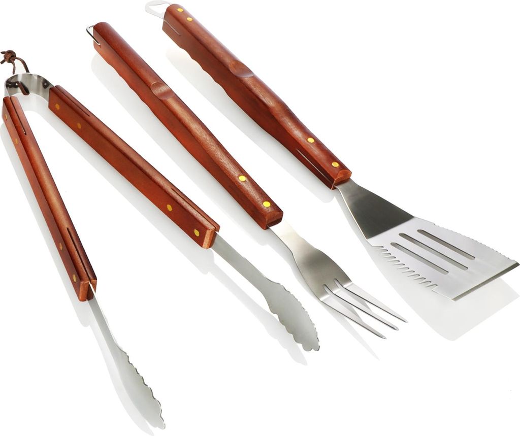COM-FOUR 3-teiliges Premium Grillbesteck mit Holzgriff - Grillzange, Grillwender und Grillgabel aus rostfreiem Stahl - BBQ Grillzubehör mit Holz...