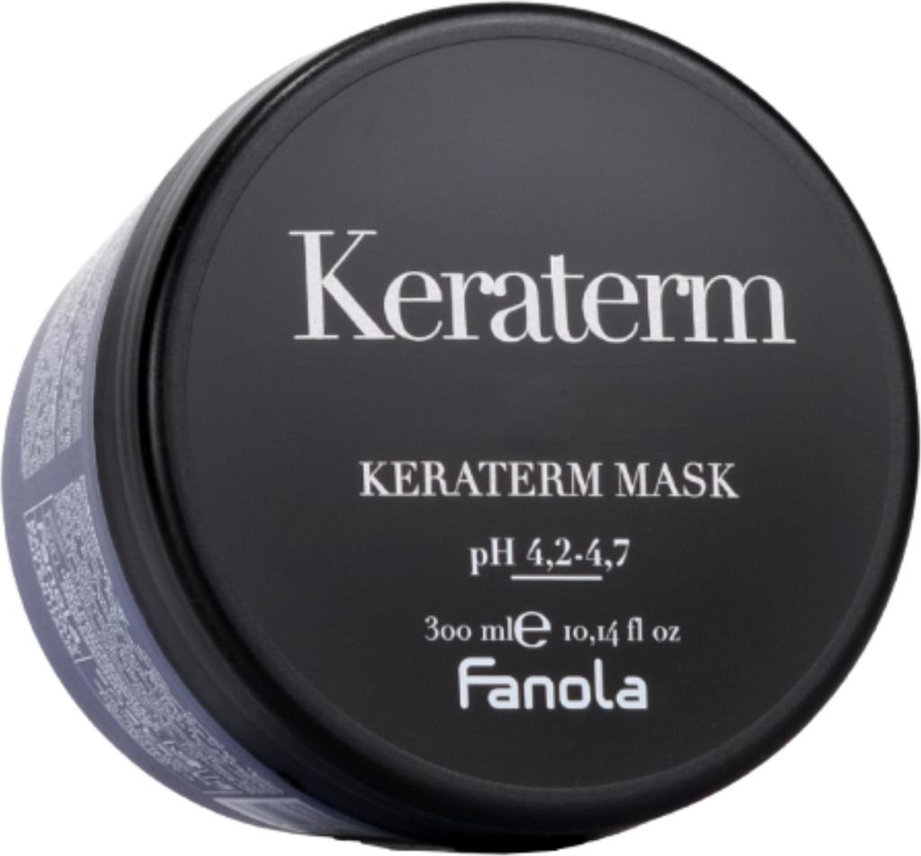 A black jar of Fanola Keraterm Mask hair product against a white background.