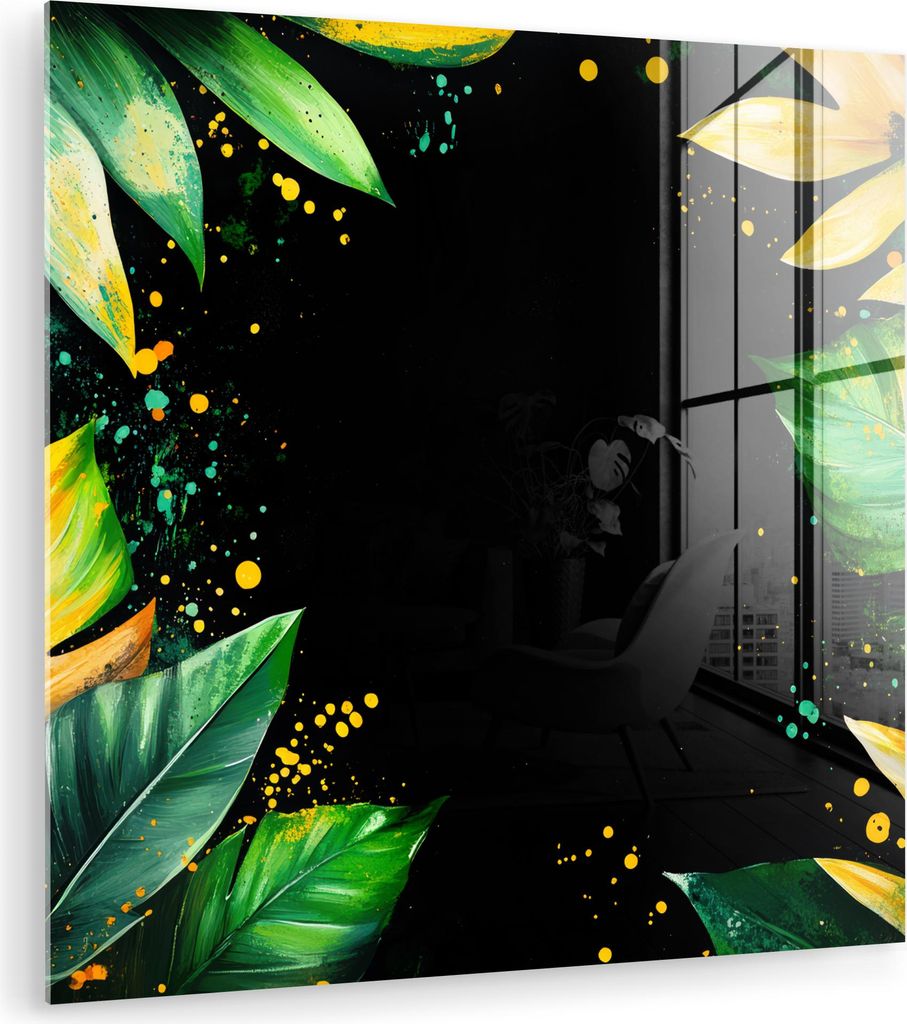 MuchoWow Glasbilder - Bilder auf Wandbild - Foto auf Glas Blätter - Grün - Gelb - Farbe - Dschungel 90x90 cm Wanddekoration aus Glas - Acrylglasb...