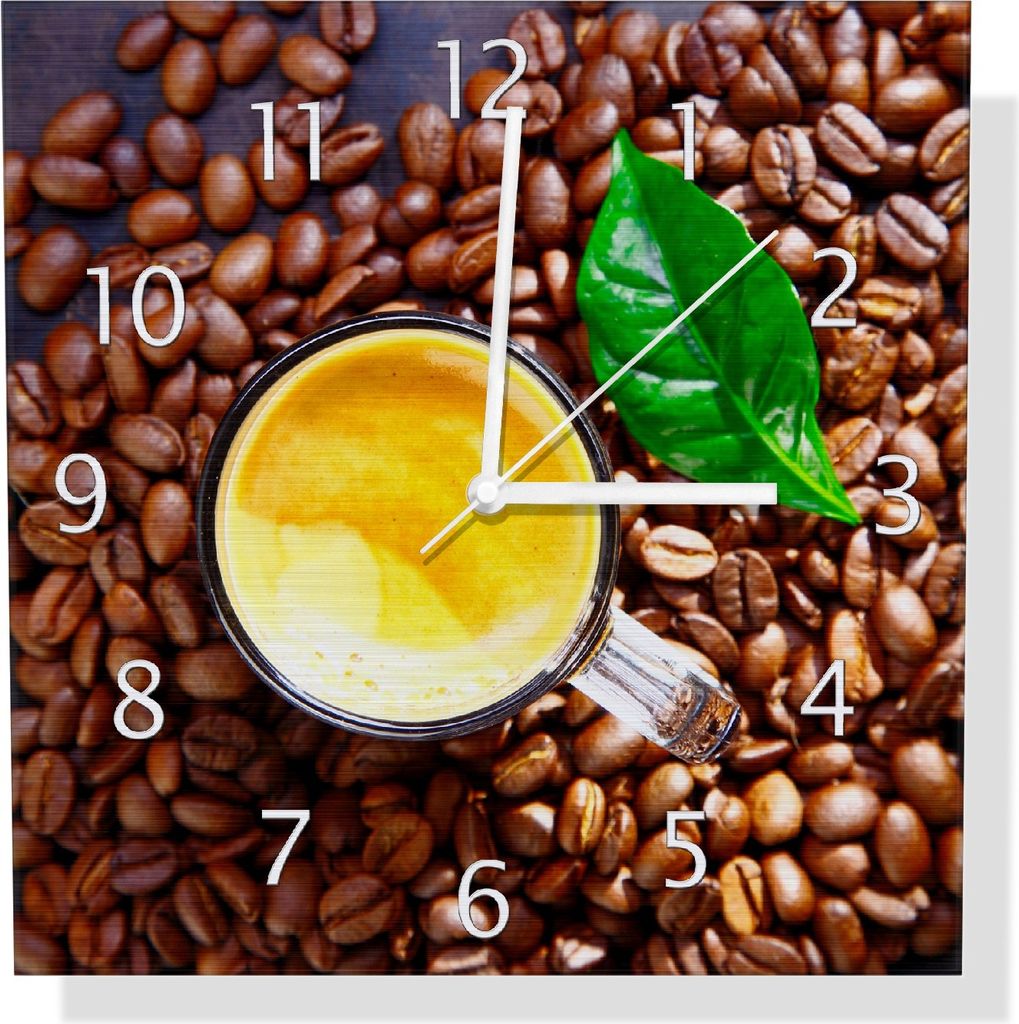 Wallario Design Wanduhr Kaffee und Bohnen aus Aluverbund, Größe 30 x 30 cm
