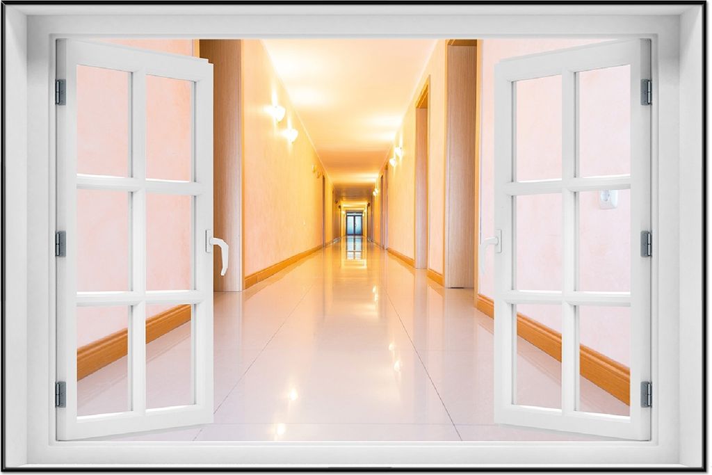 Wallario Wandbild mit Fenster-Illusion: Strahlend sauberer Flur mit goldenem Licht und weißen Wänden, Größe: 61 x 91,5 cm, Poster mit schwarzem...