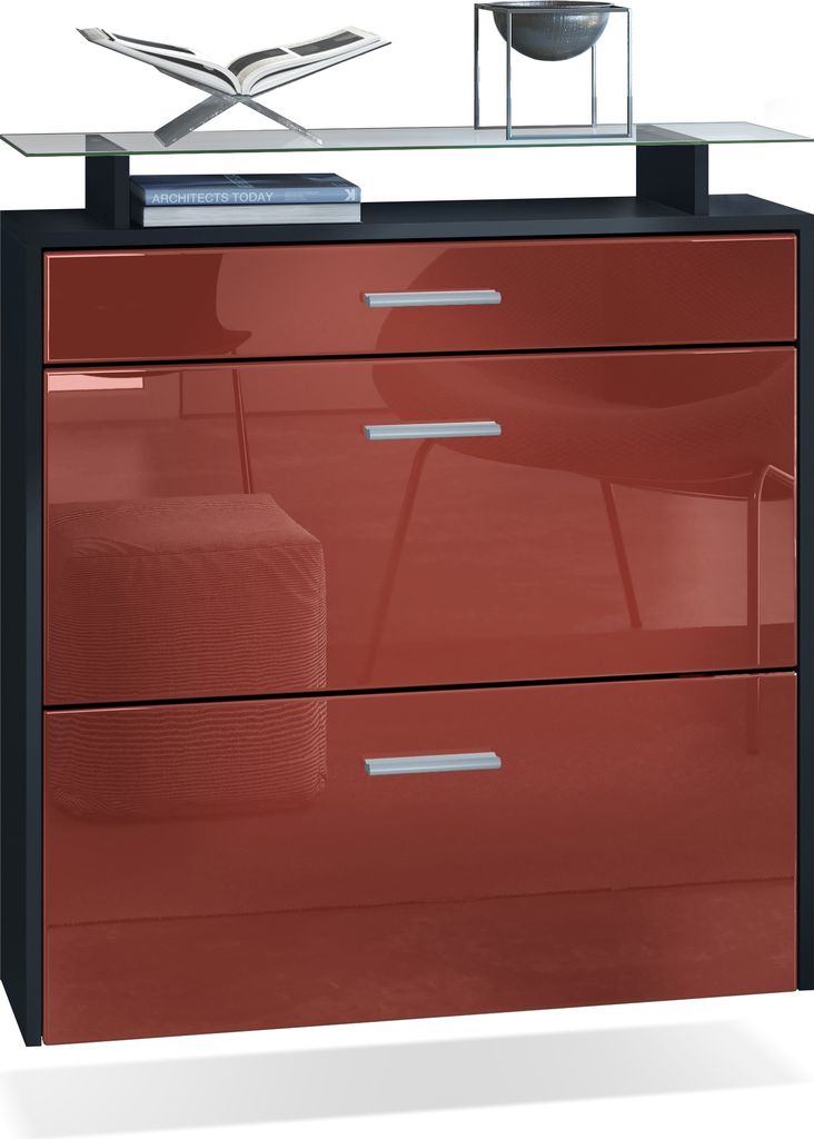 Vladon Schuhschrank Malea, hängender Schuhkipper für 16 Paar Schuhe mit 2 Klappen und 1 Schublade und Glasablage, Schwarz matt/Bordeaux Hochglanz...