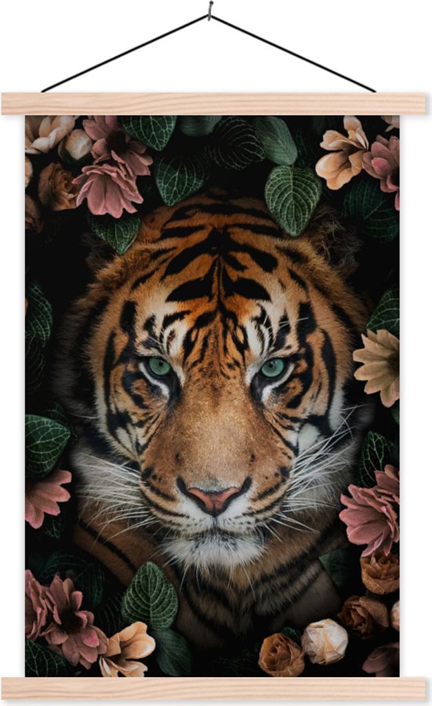 MuchoWow Textilposter Tiger - Blumen - Blätter 40x60 cm mit holzfarbenen Rahmen - Poster