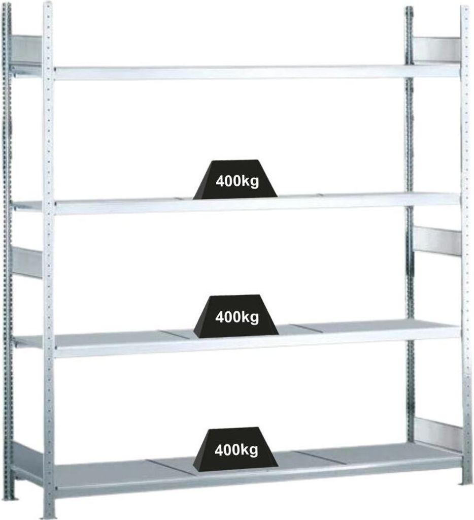Schulte Weitspannregal mit Stahlböden WS 2000 | Grundregal | HxBxT 250x225x60cm | 4 Ebenen | Fachlast 400kg | Verzinkt