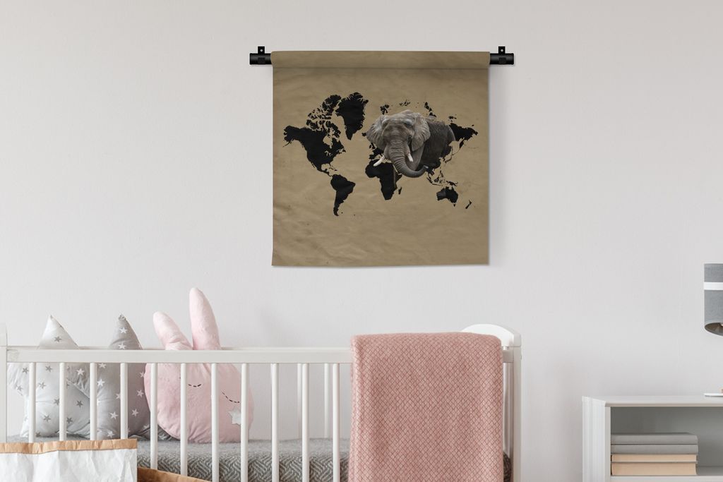 MuchoWow Wandteppich Wandbehang Weltkarte - Elefant - Braun 60x60 cm Tapisserie Dekoration Wandtuch - Dekorationen - Wand Decke
