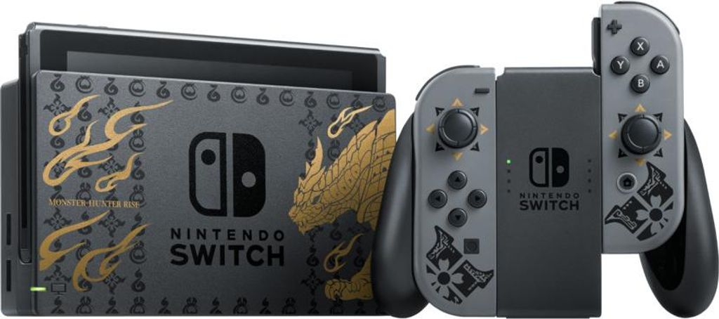 A Nintendo Switch console with dock and Joy-Con controllers, featuring a Monster Hunter Rise theme.