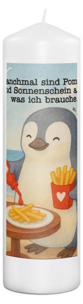 Mr. & Mrs. Panda Kerze Pinguin Pommes Design 29 x 8 cm XL - Weiß - Geschenk, Blockkerze, Hochzeitstag, für Partner, Bedruckte, Stumpenkerze, Jahr...