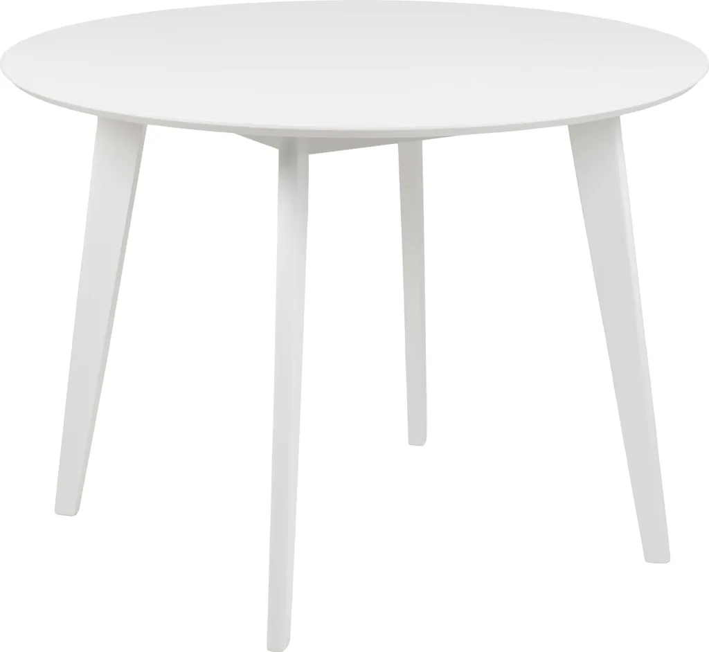 Table à manger bois blanc Roxby Ø105 cm, plateau laqué et pieds robustes