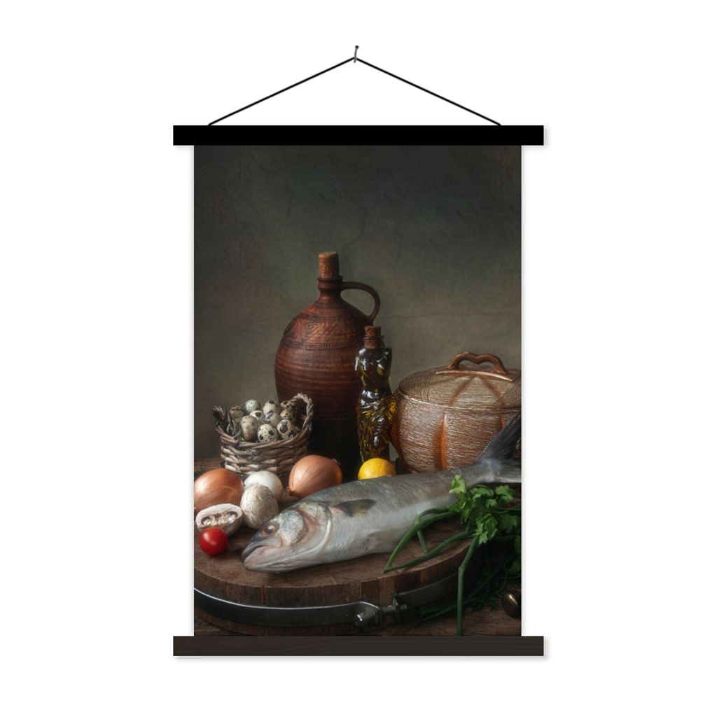 MuchoWow Textilposter Rustikal - Fisch - Stilleben - Gemüse - Kräuter 60x90 cm mit schwarzem Rahmen - Poster Wohnzimmer