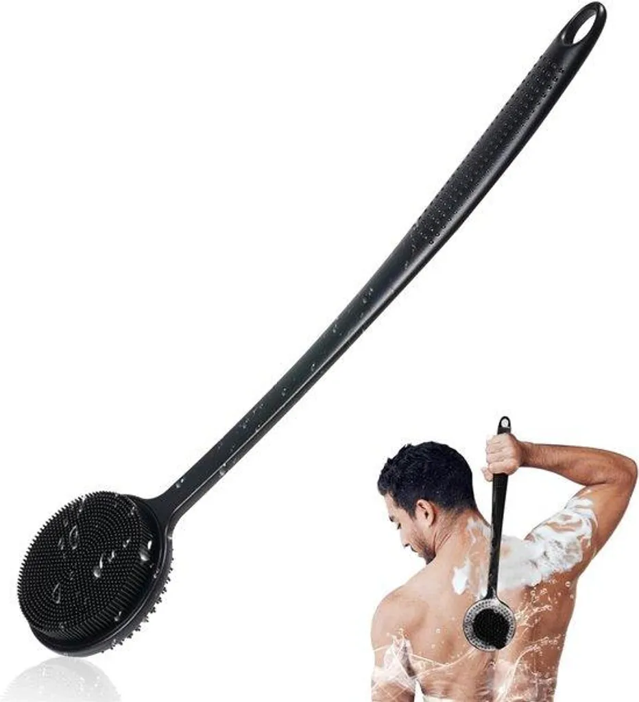 Brosse de douche en silicone double face avec manche long ergonomique
