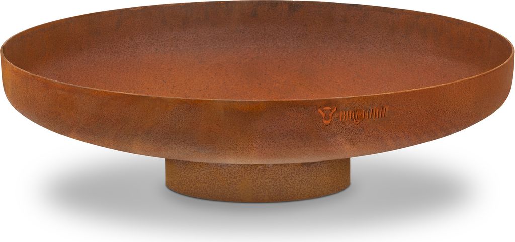 A rusty metal fire pit on a white background.