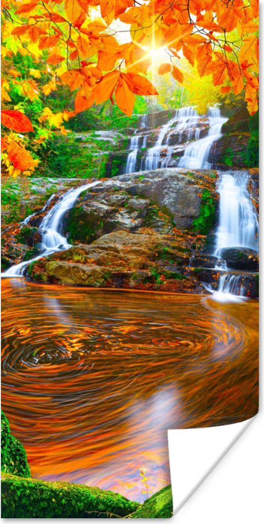 MuchoWow Poster Natur - Wasserfall - Steine - Moos - Blätter - Grün 60x120 cm - Wandschmuck