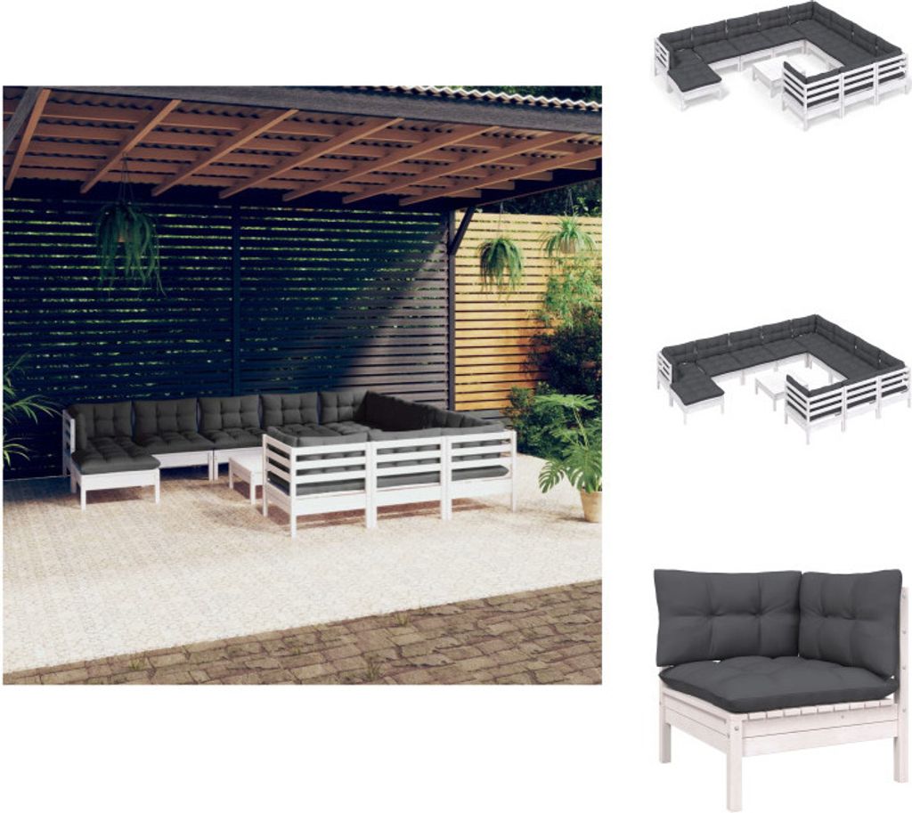vidaXL 12-tlg. Garten-Lounge-Set mit Kissen Weiß Kiefernholz - Gartenmöbel-Sets