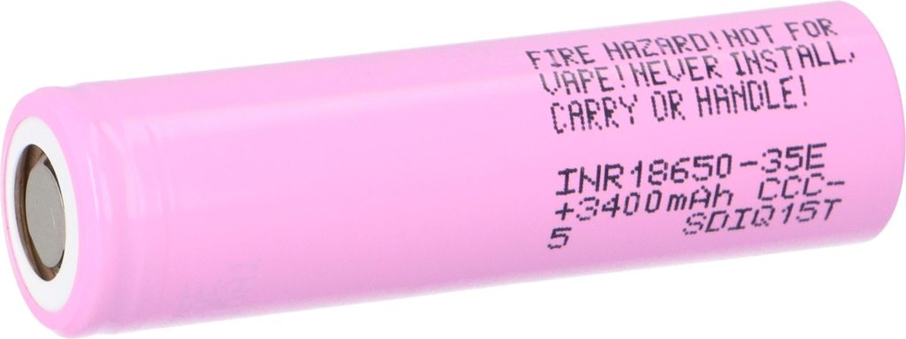 A pink battery with text printed on it.