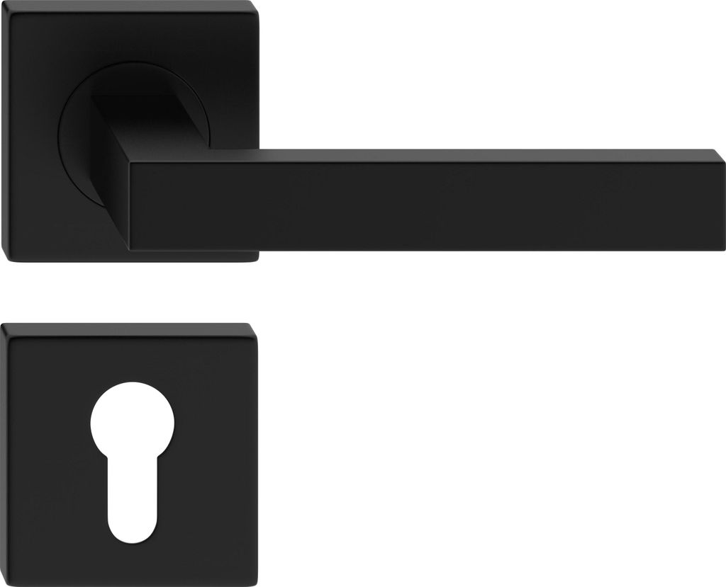 A black door handle and keyhole plate set on a white background.