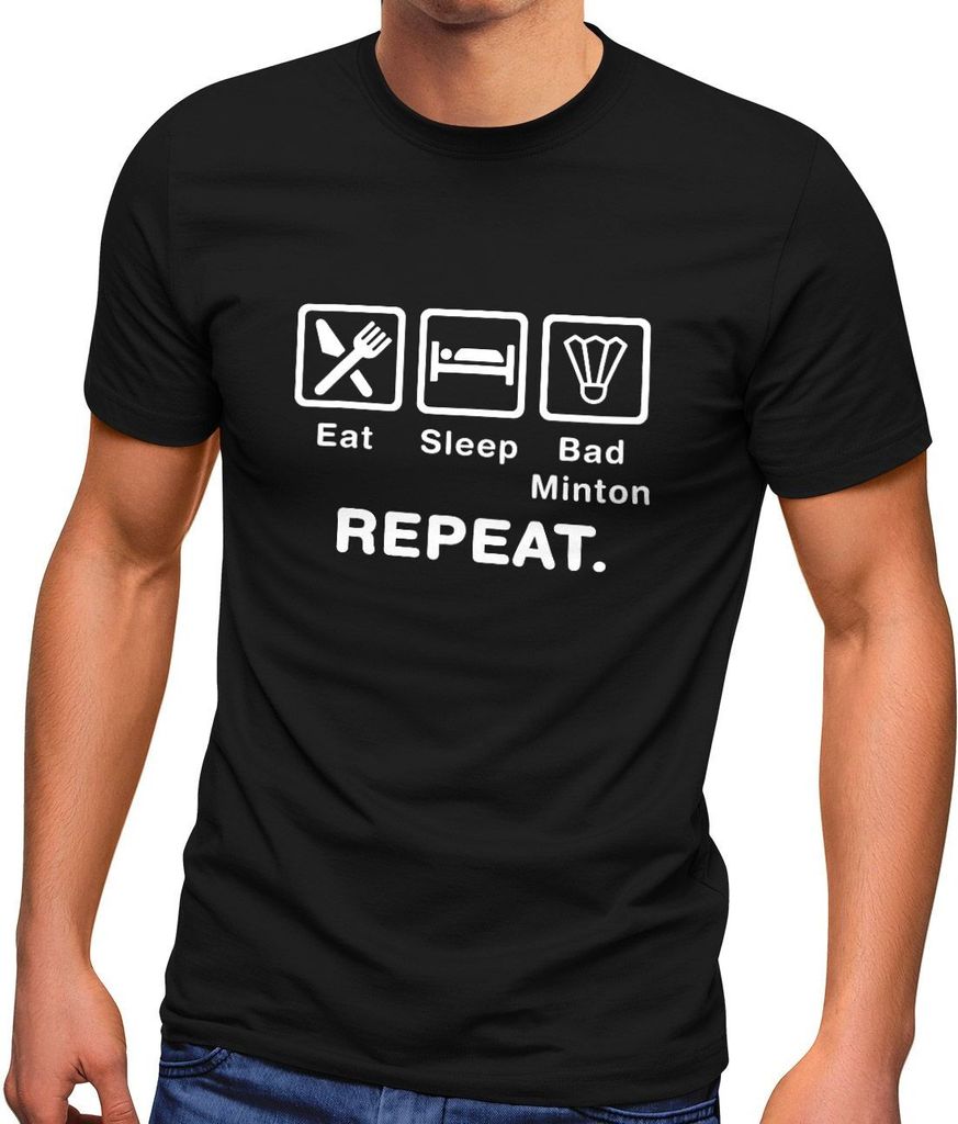 Herren T-Shirt mit Spruch Eat Sleep Repeat Mega Mix Fun-Shirt lustige Geschenke Moonworks Badminton schwarz M