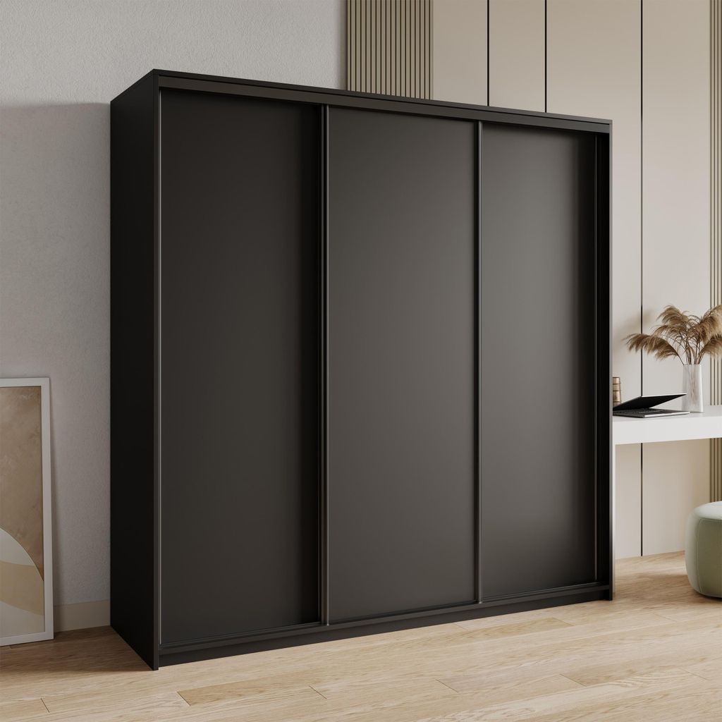Masseno Schiebetürenschrank NISSE 180/205/60 cm Kleiderschrank mit 4 Schubladen Schlafzimmer Schrank 3-türig Schwarz