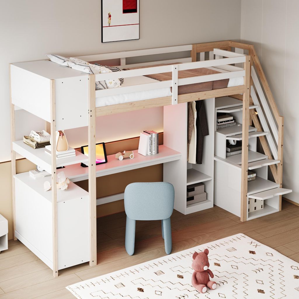 okwish Hochbett 90x200 mit Schreibtisch und Steckdosen,Jugendbettmit LED Beleuchtung und Stauraum,Bettgestell mit Kleiderschrank und Regal,Weiß+Na...