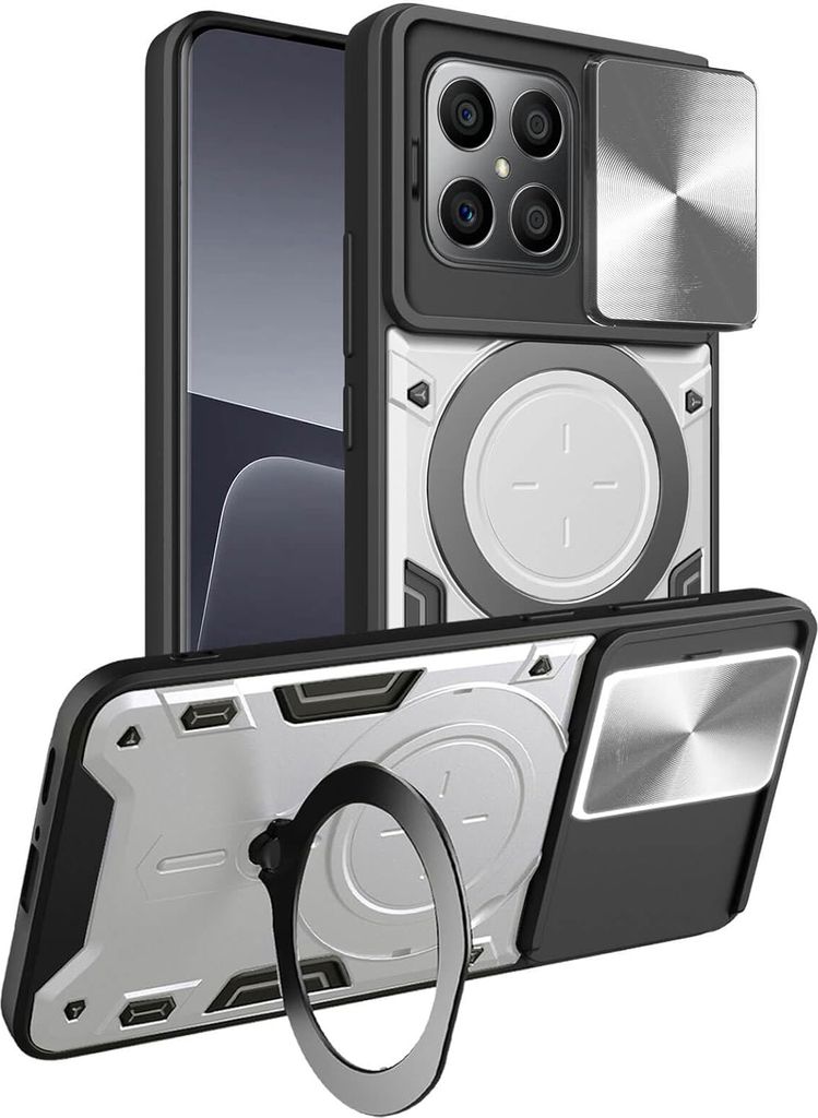Handyhülle für Honor X8 5G /Honor X6 4G 5G Dual-Layer Stoßfest Rüstung Hülle mit Dia Kameraschutz und Kreisförmig Ring Ständer Silber