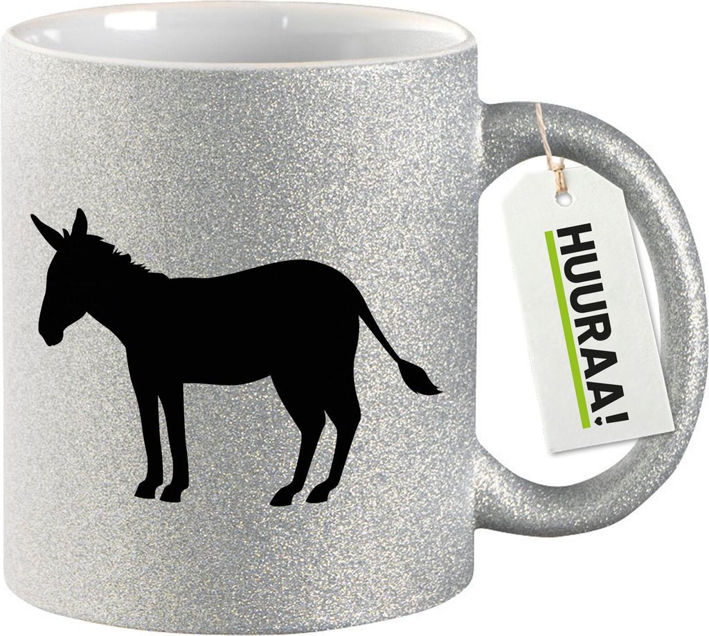 Huuraa Glitzertasse Esel Silhouette 330ml Silber Keramik Kaffeebecher Geschenkidee