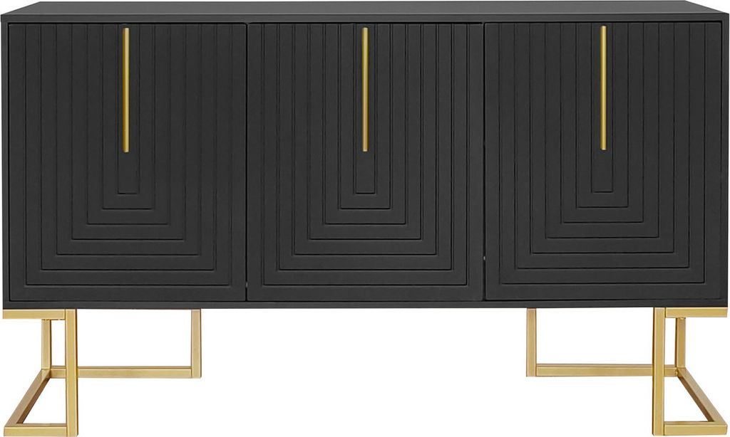 Modernes 3-türiges Sideboard(Schwarz)mit verstellbaren Regalen,U-förmigen Schranktüren und Metallgriffen und Sockel für Esszimmer und Küche