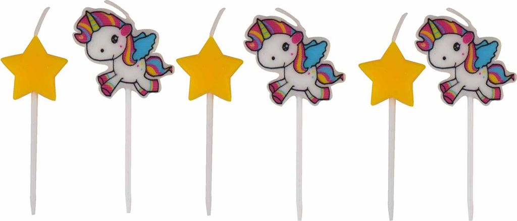 Einhorn-Kerzen mit Sternen Einhorn-Tischdeko 6 Stück gelb-bunt 6cm -